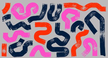 Bir grup fırça darbeleri vektörü. Boya fırçası turuncu, pembe, siyah koleksiyon. El fırçası desenli pankartlar. Grunge tasarım elementleri. Yuvarlak, yuvarlak, uzun ve çapraz çizgiler..