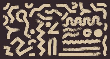 Sanat çocukları fırça darbeleri, kıvrımlı çizgiler, kıvrımlı kıvrımlar. Kalın kıvırcık çizgili vektör ışığı işareti. Sanat tarzında renkli elementlerle Geometrik afiş. Kolaj için vektör şekilleri.