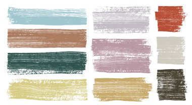 Bir dizi desenli grunge sıçrama pankartı, renkli fırça darbeleri. Kirli sanatsal tasarım unsurları. Vektör siluet koleksiyonu. Elle çizilmiş renkli grunge fırçaları koleksiyonu.