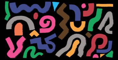 Renkli fırça daireleri, dalgalı, kıvrımlı çizgiler. Geometrik elementlerin toplanması. Vektör kalınlığında geometrik fırça darbeleri. Dalgalı kıvrımlı çizgiler, yuvarlak şekiller, şekiller. Renkli kalın çizgiler, soyut biçimler.