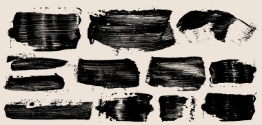 Grunge siyah vektör fırça darbeleri. Çin ya da Japon kaligrafi fırça darbeleri. Tuval üzerinde kuru bir fırçayla yapılmış felçler. Sert grunge kalınlığında boya izi. Çizim vektörü dikdörtgeni metin kutuları.