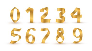 Altın kurdele 3D numaralar ayarlandı. Doğum günü altın lüks numaraları. Altın sarısı izole sayılar koleksiyonu. Parlak gerçekçi metalik 3D kurdele, vektör tasarım elementleri. Şablon altın sayılar.