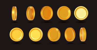 Altın sikke vektörü kümesi. Gerçekçi 3D vektör boş veya altın sikke farklı görünüm. Şablon ödeme ve yatırım, banka ve finans, altın para sembolü. Vektör gerçekçi 3D altın para koleksiyonu.