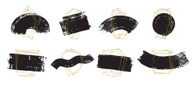 Tasarım ve sanat için metin grafikleri için altın çerçeve. Altın rengi geometrik çerçeve. Tasarım kartvizitleri, tatiller, davetiyeler, hediye kartları, el ilanları ve broşürler için fırça darbesi vektörü unsuru