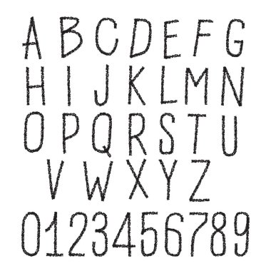 Büyük harfli Grunge alfabesi. Tipografi, yazı tipini boyalar, çizim kömürü ve kalemle sıkıntıya soktu. Kirli desenli vektör yazı tipi ve sayılar. Kaba mürekkepli deseni olan el çizimi karakterler.