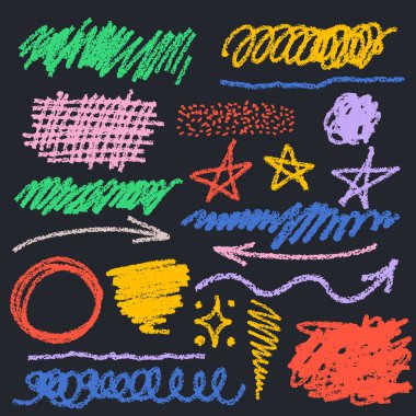 Renkli kömür graffiti karalama şekilleri seti. El çizimi grunge karalamalar, karalamalar, yaratıcı çeşitli şekiller, çocukların diktiği kalem çizimleri. Karalamalar, oklar, karalamalar, yıldızlar, oklar, kıvrımlı çizgiler.