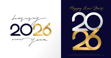 2026 Mutlu Yıllar altın ve beyaz metin tasarımı seti. Şablon numaraları lüks 2026 yeni yıl. Colden numarası. Tebrik kartı, pankart ve gönderim şablonu için vektör tasarımı konsepti.
