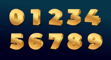 Altın 3D numaralar. 0, 1, 2, 3, 4, 5, 6, 7, 8, 9 sembolü. Doğumgünü altın metal numaraları. Altın sayılar belirlendi. Gerçekçi 3 boyutlu vektör. Vektör illüstrasyonu izole edilmiş sayılar.