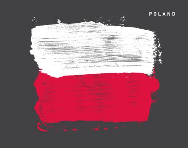 Fırça darbelerinden Polonya bayrağı. Polonya malı. İnternet siteniz, posteriniz, tişörtünüz, tasarımınız, logonuz, uygulamanız, UI 'niz için gri arka planda Polonya' yı işaretleyin. Vektör illüstrasyonu.