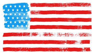 Grunge USA vektör bayrağı. Amerikan bayrağını grunge desenli tasvir et. ABD 'nin temsilci bayrağı. Eski tip Amerikan bayrağı. Kırmızı ve mavi kalın çizgili el yapımı hasarlı kenar vintage pankart.