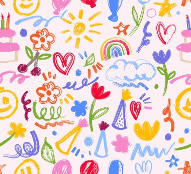 Doğum günün kutlu olsun, kusursuz desen. Şablon vektör fırça darbesi şirin karalama tarzında. Bebek, çocuklar. Tatil klişeleri ile kaplama kağıdı, baskı, kumaş, tatil için tasarım. Parlak çocuklar şenlikli arka plan.