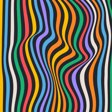 Optik vektör sanatı. Dalga boyalı eğimli düz çizgi desen vektörü. Siyah arkaplanda düzgün çizgiler var. Psikedelik arka plan, optik yanılsama. Renkli modern tasarım, grafik dokusu.