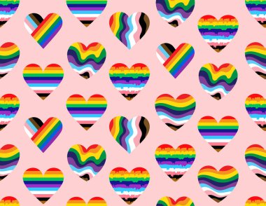 Gökkuşağı çizgili çeşitli kalp simgeleri kusursuz desen. LGBT toplum konsepti. Eşcinsel Gurur Ayı kutlamaları. Kusursuz Pastel Gökkuşağı Renkli Kalpler Gökkuşağı bayrakları. Vektör LGBT kusursuz desen.