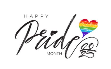Şablon LGBTQ Onur Ayı 2025 harfleri. Tasarım vektör sembolü, Gurur Ayı posteri gökkuşağı kalp logosu. Sosyal medya paylaşımları, hikayeler, web siteleri için afiş. Vektör illüstrasyonu.