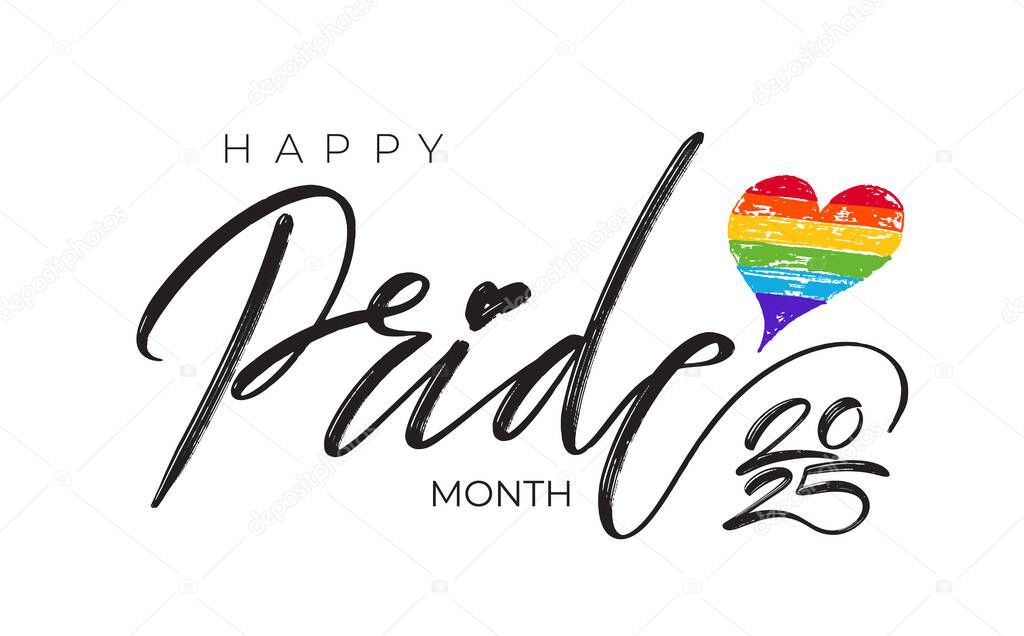 Template LGBTQ Pride Month 2025 lettering. Design vector symbol, poster of Pride Month support rainbow heart logo. Banner with for social media posts, stories, websites. Vector illustration.