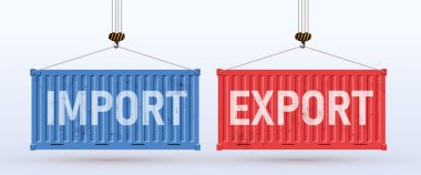 İthalat ve ihracat yapan iki kargo konteynırı. Çizik ve çiziklerle dolu kırmızı ve mavi kaplar. Yabancı ülkelerle ticaret. Beyaz arkaplanda izole edilmiş vektör konteynerleri.