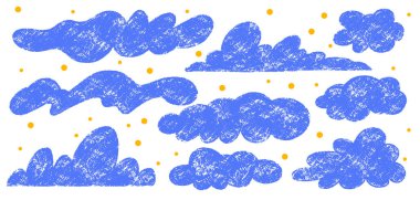 El çizimi karalama bulutları. Vektör pastel boya bulutları çocuk tarzında sevimli yıldızlar çiziyor. El çizimi mavi bulut. Saf, çocukça unsurlar. Çeşitli çocuksu kalem simgeleri, hava şartları.