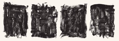 Bir dizi kuru fırça darbesi. Siyah dikdörtgenler, kareler. Metin için vektör boyası geometrik şekiller. Dikdörtgen çerçeveler, karalama ve grafiti efektleri. El çizimi kaba, soyut doku şekilleri.