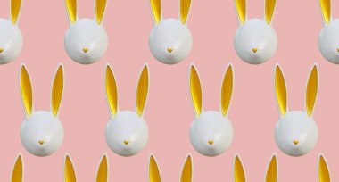 Paskalya tavşanında kusursuz desen. Mutlu Paskalya bayrağı, poster, tebrik kartı. Pastel Paskalya tasarımı. Tavşan altın kulaklı, pastel renkli. 3d vektör biçimi. Çocukça bir iz. Paskalya Günü.