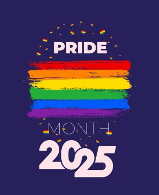 Gurur ayı sosyal medya şablonu 2025. Fırçalarla boyanmış gökkuşağı bayrağı. Poster tasarımı gururlu ay metniyle gurur verici gökkuşağı arkaplanı. 2025 yılı gururunu kutlayan vektör.