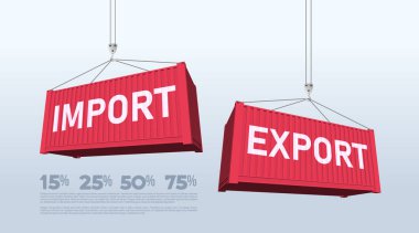 Limandaki vinç ithalat ve ihracat kelimeleriyle iki kırmızı kargo konteynırını kaldırdı. İthalat ve ihracat yapan iki kargo konteynırı. Beyaz arkaplanda izole edilmiş vektör konteynırları. Yabancı ülkelerle ticaret.