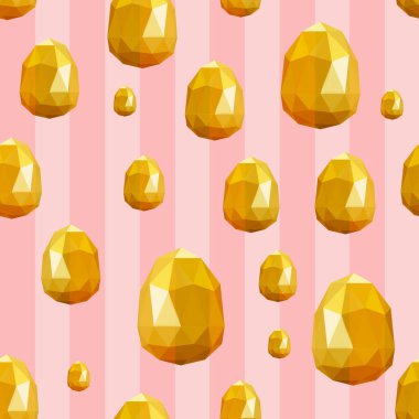 Kusursuz Paskalya şablonu vektörünüz kutlu olsun. Paskalya altınlı geometrik yumurtalarla kare kaplama tasarımı. Bahar sezonu, parmak izleri, duvar kağıtları, kapaklar, ambalajlar, çocuklar ve reklamlar için kumaş kalıplarında tekrarlandı. Vektör 3d şekli