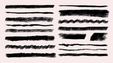 Grunge vuruyor, altı çizili siyah elementler ayarlandı. Elle çizilmiş kalem çizgileri ve okşamalar. Karalama vektör grafik tasarımı koleksiyonu. Çocuk tipografi mürekkep fırçası çizgileri. Kalın çizgiler eğri vuruşlar.