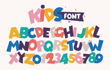 Renkli kaotik mektuplar, pastel çocuk serif mektuplar, logo için neşeli festival yazıtipi, oyuncak, doğum günü, tebrik kartı, çocukluk mektupları. Vektör alfabesi, tipografik tasarım.
