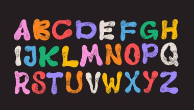 Pastel boya kalemi ya da kalem desenli çocukça kalın yazı tipi. Grunge renkli funky font, çizgi roman alfabesi karala. Çocuk yazı tipi, okul, ev dekorasyonu ve çocuk tasarımı için vektör oyunculu karalama yazı tipi