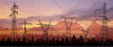 Doğanın, dağların ve ağaçların arka planında izole edilmiş büyük elektrik kuleleri var. Vektör elektrik direği. Silüet elektrik hatları. Enerji direkleri. Siyah çizgiler resimleme.