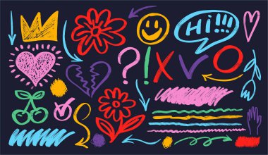 Renkli el çizimi tebeşir karalaması. Kömür kalem kıvrımlı çizgiler, karalamalar ve çocuksu şekiller. Tebeşir çizilmiş vektör elementleri. Beyaz üzerine izole edilmiş kalem çizimleri. Taç, yıldızlar, çiçek, kalp, karalama.