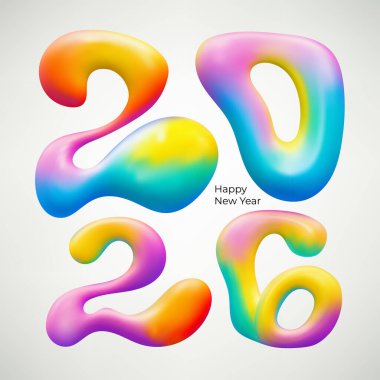Renkli numaralar 2026 Mutlu Yıllar logosu tasarımı. 3D parlak soyut su formları. Yeni Yıl şablonları 2026 tebrik kartı ya da takvim kapakları tasarla. Vektör tatil illüstrasyonu.