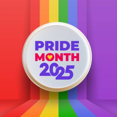 LGBT Onur Ayı 2025 Haziran 'da. Metinde LGBT bayrağı şablonu. Poster, sosyal medya, kart, afiş, geçmiş, tişört tasarımı. Mutlu Gurur Ayı 2025. Gökkuşağı Gurur Arkaplanı. Vektör illüstrasyonu.