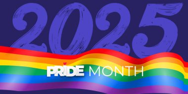 LGBTQ gururu 2025 gökkuşağı bayrak bayrağı. Mavi arkaplanda afiş için gurur tasarımı elementi. Arkaplan çizgisi gökkuşağı eşsiz tasarımı ve boş bir arkaplan. Vektör illüstrasyonu.