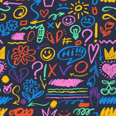 Kusursuz desenli el tebeşir karalaması. Sanat kömürü kalem kıvrımları, karalamalar, çocuksu şekiller. Çocuklar vektör çiziyor. Kalemsiz çizimler. Taç, yıldızlar, çiçek, kalp, karalama.