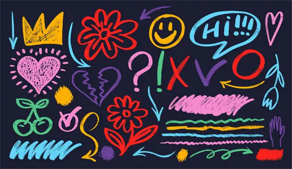 Renkli el çizimi tebeşir karalaması. Kömür kalem kıvrımlı çizgiler, karalamalar ve çocuksu şekiller. Tebeşir çizilmiş vektör elementleri. Beyaz üzerine izole edilmiş kalem çizimleri. Taç, yıldızlar, çiçek, kalp, karalama.