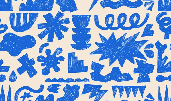 Mavi pastel boya kaleminin çizdiği el çizimi, kusursuz geometrik şekiller ve şekiller. El çizimi modern şekiller tebeşir desenli kıvrımlı çizgiler. Vektör grafik çocuk geçmişe dönük rozetler, çıkartmalar.