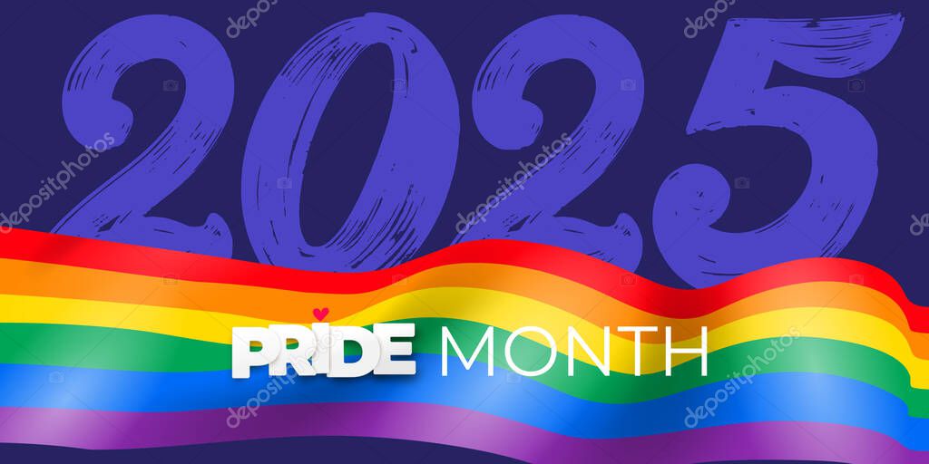 LGBTQ pride 2025 rainbow flag wave banner. Pride design Element for banner on blue background. Background illustration line rainbow unique design with blank background. Vector illustration.