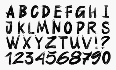 ABC siyah alfabe fırçası harfler ve sayılar çizdi. Kabataslak desenli el çizimi karakterler. Çeşitli tipografi işaretleri, semboller. Büyük harf kalın harf, kalın vuruşlar vektör çizimi.