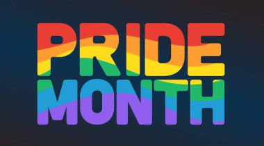 LGBT Gururlu Gökkuşağı bayrağı harfleri, afiş, poster, sosyal medya. LGBT bayrak renkleriyle gurur kaligrafisi. Vektör illüstrasyonu Gurur gökkuşağı metni.