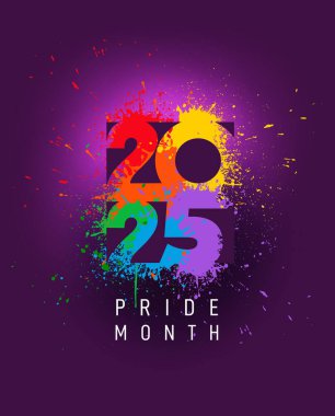 2025 yılı gurur konsepti. Renkli sıçrama mürekkebi gökkuşağı arka plan tasarımı. Özgürlük gökkuşağı bayrağı, eşcinsel geçit töreni yıllık yaz etkinliği. Broşür, afiş, kart, poster, sosyal medya için LGBTQ tasarım şablonu.