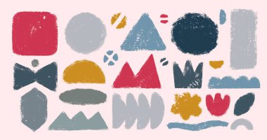 Renkli boya kalemi şekilleri ve formları. Soyut el, kağıt üzerine çizilmiş kalem, tebeşir ya da mangal kömürü desenli garip retro şekiller çizdi. Modaya uygun renkli çizim tarzında cesur vektör moda şekilleri.