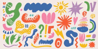 Boya kalemleri, soyut şekiller, formlar. Modaya uygun çizim tarzında acayip şekiller. Vektör el koleksiyonu pastel boya, renkli tebeşir ya da manuel kömür dokusu çizilmiş garip şekiller çizer..