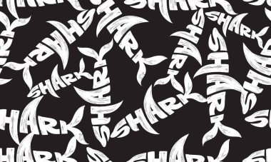 Köpek balığı şekilli, şekilsiz bir kelime. Kuru fırçayla çizilmiş köpekbalığı. Kart, poster, tatil kapağı, şablon, web afişi harf şablonu için tasarım logosu. Vektörsüz desen.