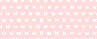 Kusursuz desenli kelebek silueti, basit pembe, tekrar eden arka plan. Şirin, bir kız için çizim. Baskı, kağıt, kartpostallar için tasarım. Barbie tarzı, modern kelebek. Sanat kusursuz şablon vektörü.