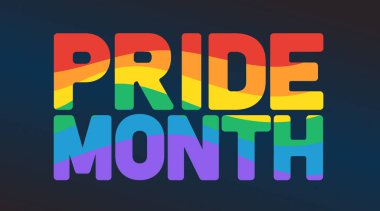 LGBT Gururlu Gökkuşağı bayrağı harfleri, afiş, poster, sosyal medya. LGBT bayrak renkleriyle gurur kaligrafisi. Vektör illüstrasyonu Gurur gökkuşağı metni.