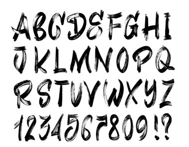 Grunge stencil grafiti yazı tipi. Sıkıntılı, kalın, büyük harfler, mürekkep desenli rakamlar. Serseri, vektör retro alfabesine ilham verdi. Sokak stili tasarımı için kirli, cesur, asi vektör tipi.