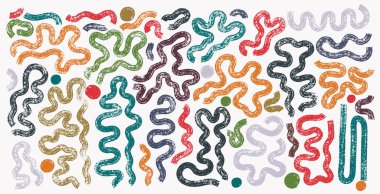 Fırça darbesi koleksiyonu kıvrımlı çizgiler, mürekkep boyası fırçası, grunge çizgileri. Müstehcen afişler, kutular, çerçeveler ve tasarım elementleri. Grunge Circle fırçası seti kısa ve uzun. Grunge vektörü