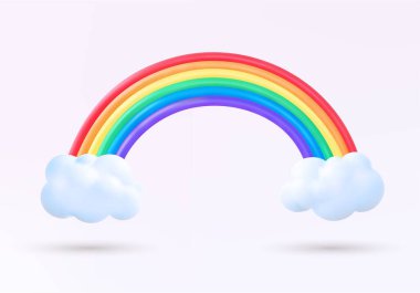 Beyaz arkaplanda bulutlar olan 3 boyutlu gerçekçi gökkuşağı. Vektör plastisin veya kil tasarım elementi. Çizgi film renkli gerçekçi hava ikonu. Yaz sembolü. Etiket, yama rozeti. Dekorasyon için tasarım.