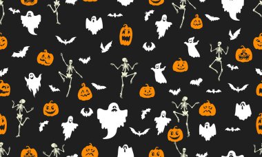 Kusursuz Cadılar Bayramı şablonu. Cadılar Bayramı partisinin hayalet, yarasa, iskelet ve balkabağı çizimi. Vektör çizgi filmi kusursuz desen. Kusursuz bayramlar Cadılar Bayramı.